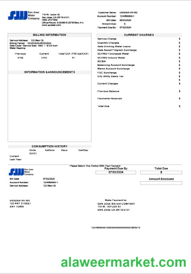 USA California San Jose Water business utility bill template in Word and PDF formats